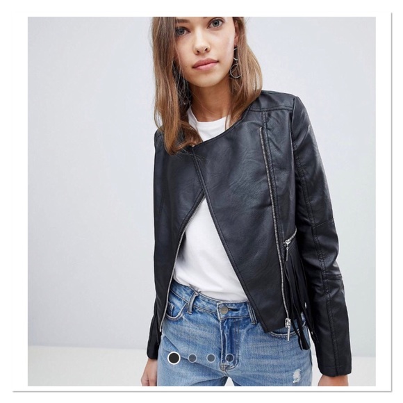 New Brave Soul Black Faux Leather Festival Jacket with Fringe Detail - Picture 2 of 6